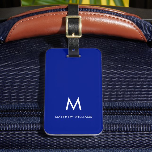 Modern Navy Blue Minimal Monogram Custom Luggage Tag (Front Insitu 2)