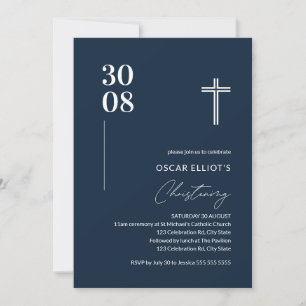 Modern Navy Blue Minimalist Boy Christening Invitation