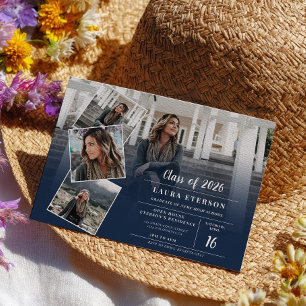 Modern navy blue minimalist photo graduation invitation