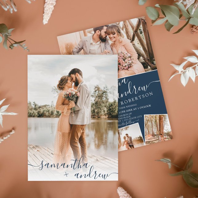 Modern navy blue minimalist script photos wedding invitation (Creator Uploaded)