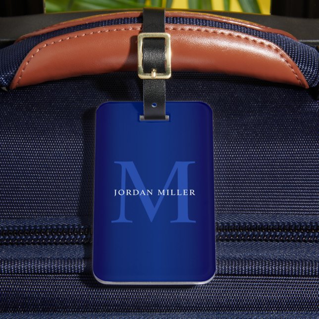 Modern Navy Blue Monogram Personalised Luggage Tag (Front Insitu 2)