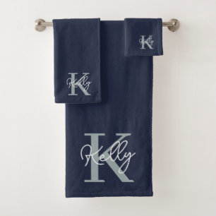 Modern Navy Blue Monogram Script Bath Towel Set