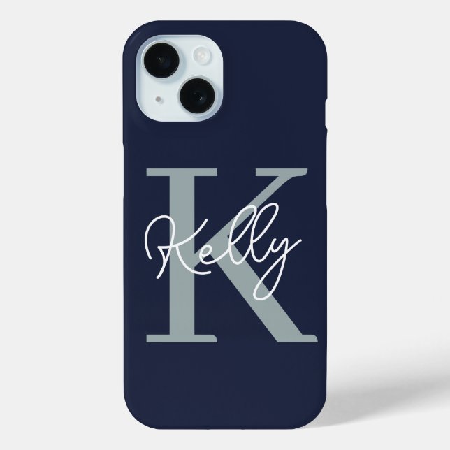 Modern Navy Blue Monogram Script Case-Mate iPhone Case (Back)