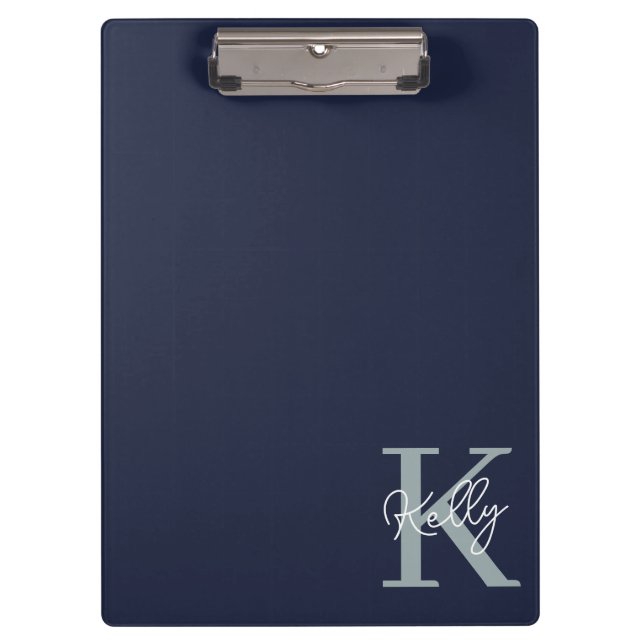 Modern Navy Blue Monogram Script Clipboard (Front)