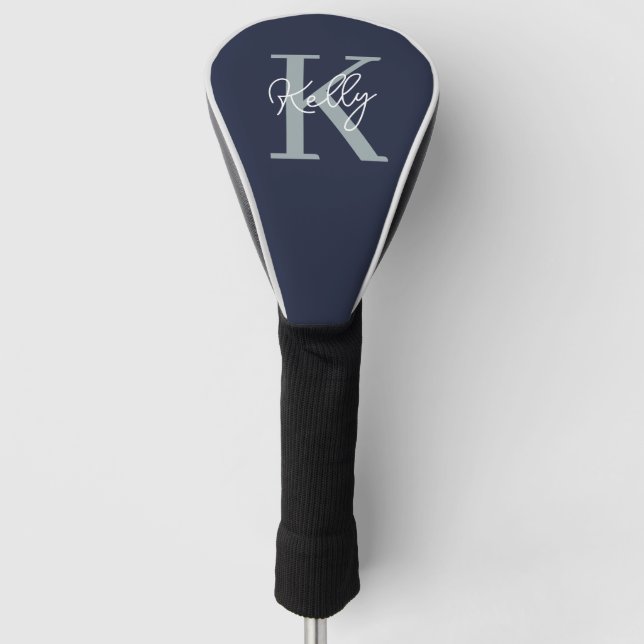 Modern Navy Blue Monogram Script Golf Head Cover (Front)
