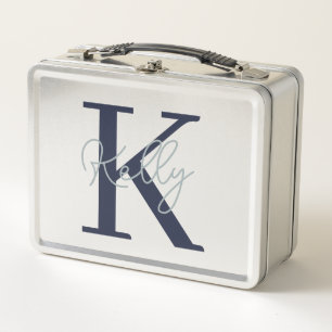 Modern Navy Blue Monogram Script Metal Lunch Box