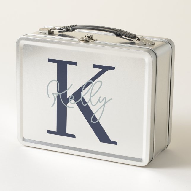 Modern Navy Blue Monogram Script Metal Lunch Box (Front)