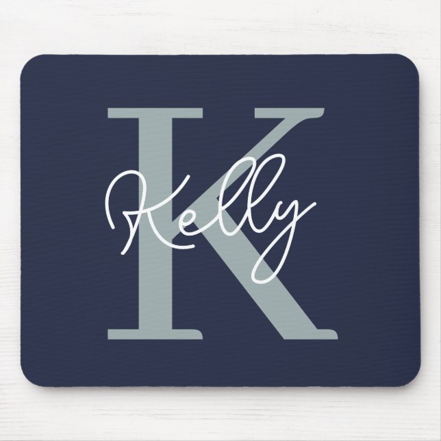 Modern Navy Blue Monogram Script Mouse Mat (Front)
