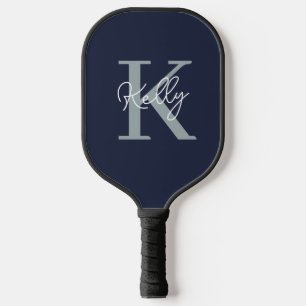 Modern Navy Blue Monogram Script Pickleball Paddle