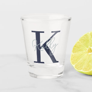 Modern Navy Blue Monogram Script Shot Glass