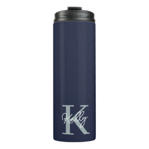 Modern Navy Blue Monogram Script Thermal Tumbler