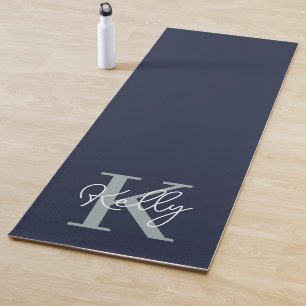 Modern Navy Blue Monogram Script Yoga Mat