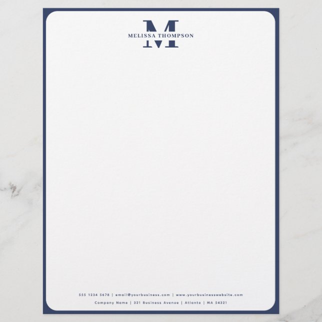 Modern Navy Blue Monogrammed  Custom Letterhead (Front)