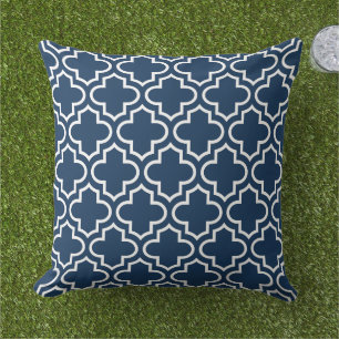 Modern Navy Blue Moroccan Quatrefoil Pattern Cushion