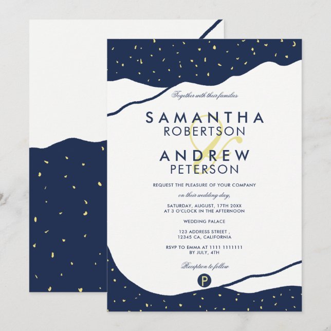 Modern navy blue mountains yellow dots wedding invitation (Front/Back)