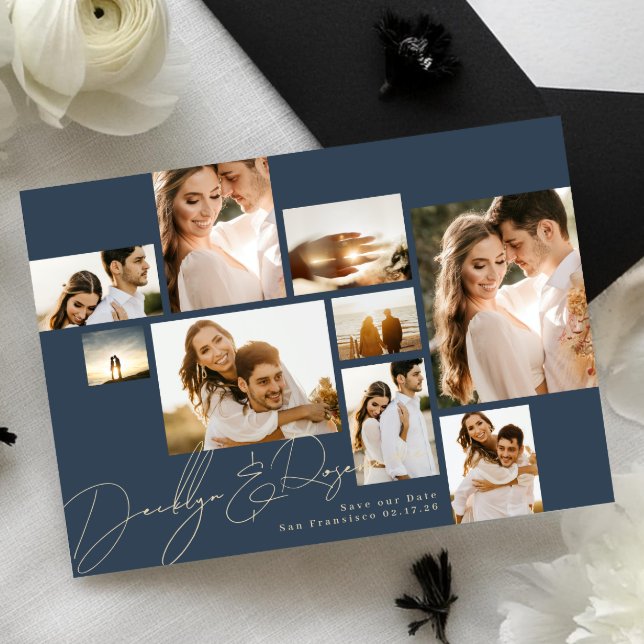 Modern Navy Blue Multi 9 Photo Collage Save The Date (Creator Uploaded)