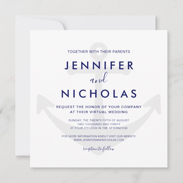 Modern Navy Blue Nautical Anchor Virtual Wedding Invitation (Front)