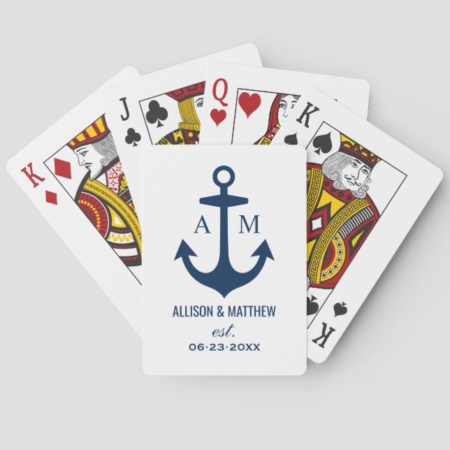 Modern Navy Blue Nautical Anchor Wedding Monogram Playing Cards (Back)