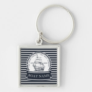 Modern Navy Blue Nautical Boat Name Key Ring