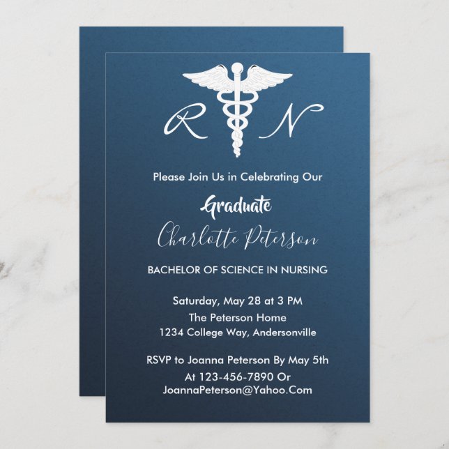 Modern Navy Blue Nurse Graduation Party Invitation (Front/Back)