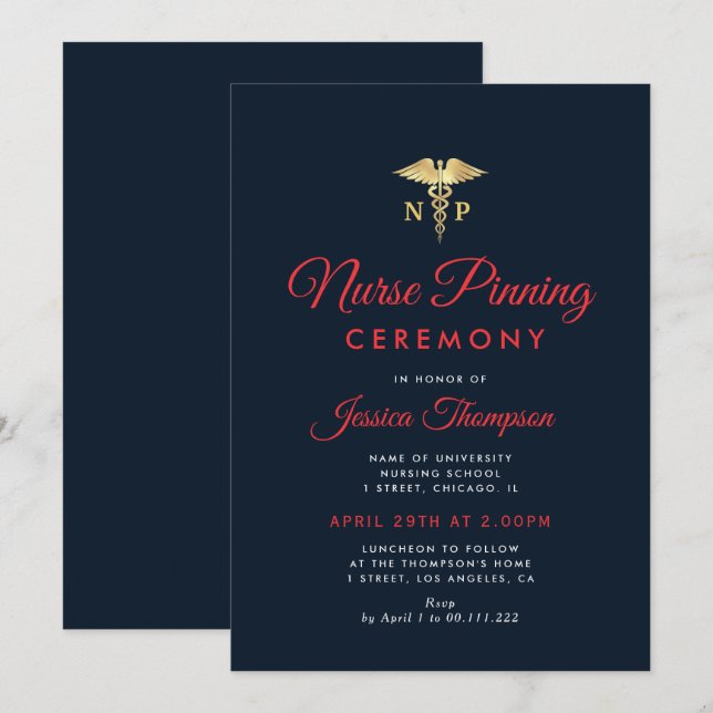 Modern navy blue Nurse pinning ceremony Invitation (Front/Back)