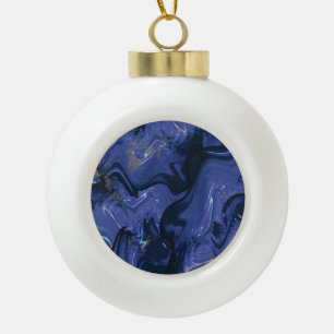 Modern navy blue ombre gold marble pattern ceramic ball christmas ornament