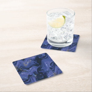 Modern navy blue ombre gold marble pattern square paper coaster