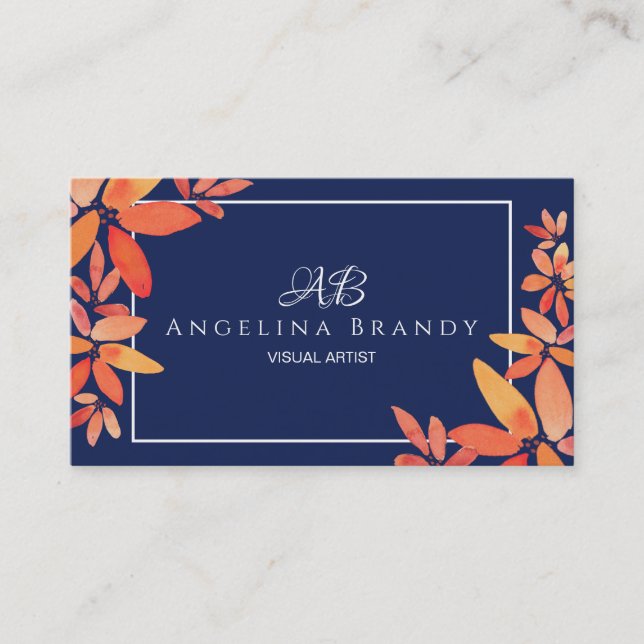 Modern Navy Blue & Orange Floral Business Card (Front)