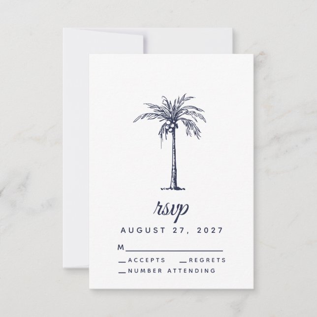 Modern Navy Blue Palm Tree Tropical Beach Wedding RSVP Card (Front)