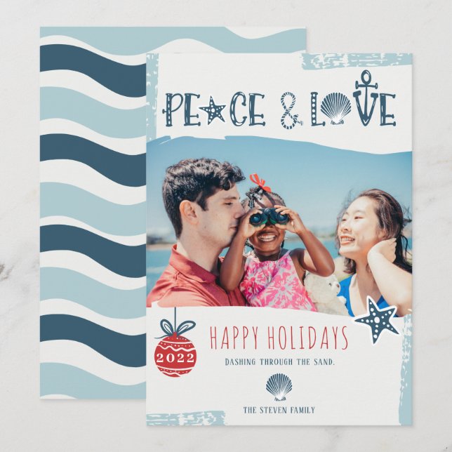 Modern navy blue peace love beach Christmas photo Holiday Card (Front/Back)