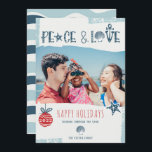 Modern navy blue peace love beach Christmas photo Holiday Card<br><div class="desc">Modern coastal seaside muted navy blue and red blue peace love beach Christmas photo with hand lettered rope pattern, anchor , clam and star fish. Spending the holidays on the beach in the South Hemisphere! Dashing through the sand! With turquoise and navy blue editable colors and brushstroke overlay photo. With...</div>