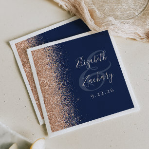 Modern Navy Blue Peach Glitter Wedding Napkin