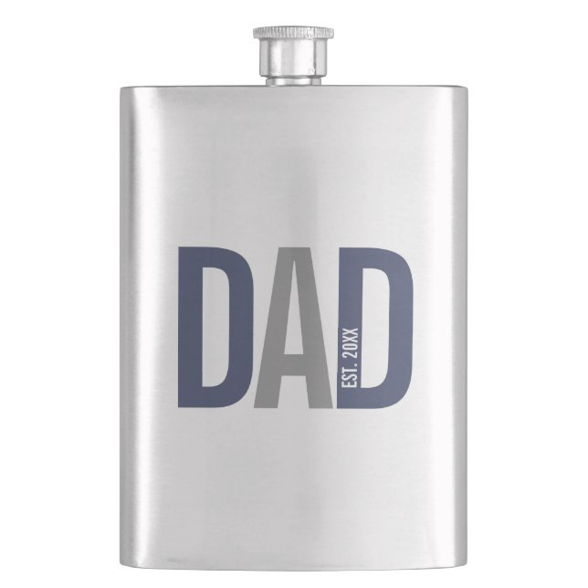 Modern Navy Blue Personalised Dad Established Hip Flask (Front)