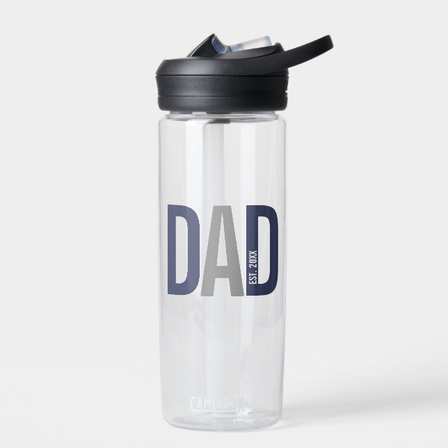 Modern Navy Blue Personalised Dad Established Water Bottle (Left)