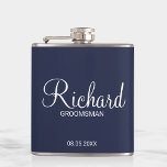 Modern Navy Blue Personalised Groomsman Hip Flask<br><div class="desc">Personalised Groomsman Gifts
featuring personalised groomsman's name in white modern script font style with title and wedding date in modern sans serif font style on navy blue background.

Also perfect for best man,  father of the bride,  bridesmaid,  maid of honour,  mother of the bride and more.</div>