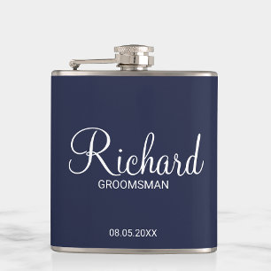Modern Navy Blue Personalised Groomsman Hip Flask