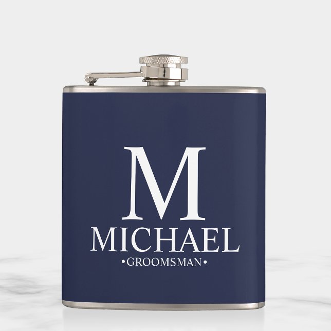 Modern Navy Blue Personalised Groomsman Hip Flask (Creator Uploaded)