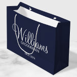 Modern Navy Blue Personalised Groomsman Large Gift Bag<br><div class="desc">Personalised Groomsman Gifts
featuring personalised groomsman's name in white modern script font style with title and wedding date in modern sans serif font style on navy blue background.

Also perfect for best man,  father of the bride,  bridesmaid,  maid of honour,  mother of the bride and more.</div>