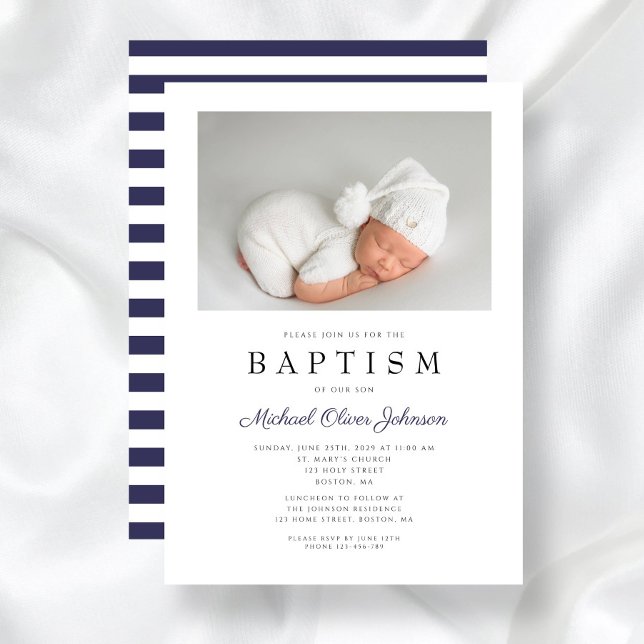 Modern Navy Blue Photo Boy Baptism Invitation (Modern Navy Blue Photo Boy Baptism Invitation)