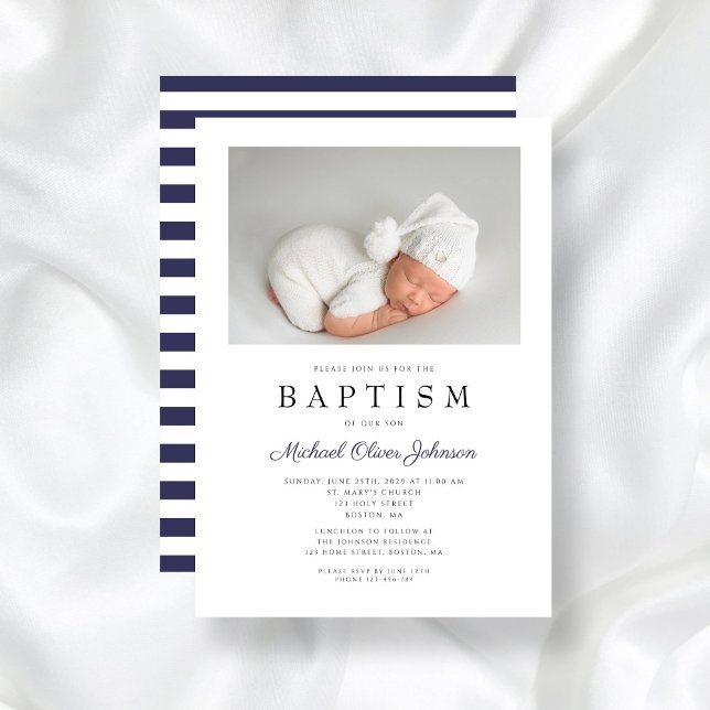 Modern Navy Blue Photo Boy Baptism Invitation (Modern Navy Blue Photo Boy Baptism Invitation)