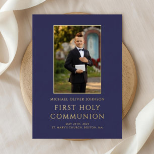 Modern Navy Blue Photo Boy First Communion Gold