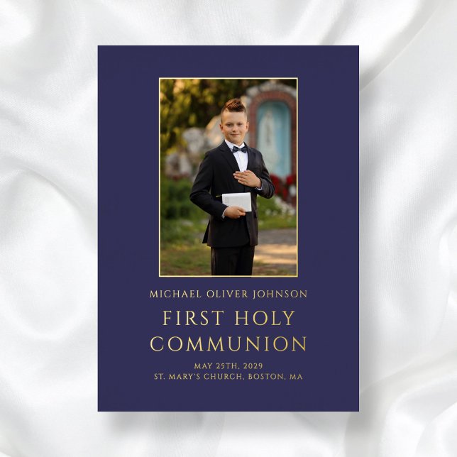 Modern Navy Blue Photo Boy First Communion Gold (Navy Blue Photo Boy First Holy Communion Gold Foil Invitation)