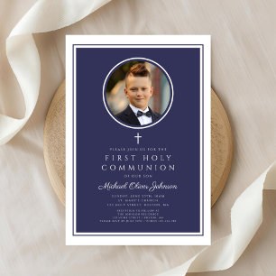 Modern Navy Blue Photo Boy First Communion Invitation
