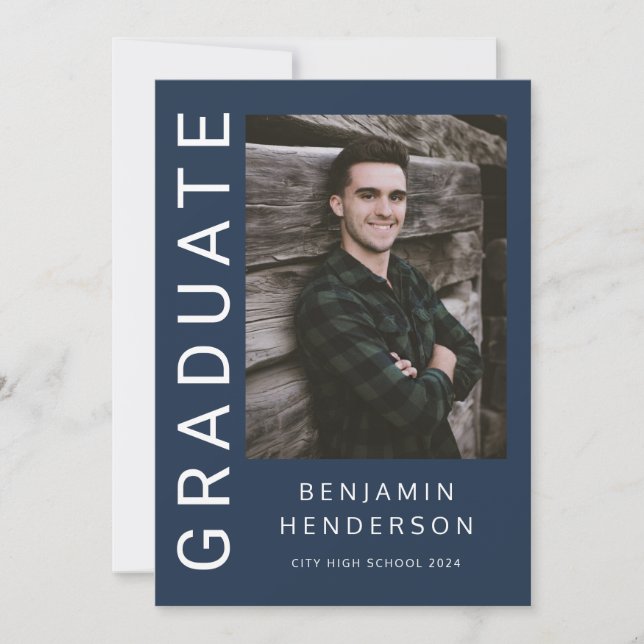Modern Navy Blue Photo Boy Graduation  Announcement (Front)
