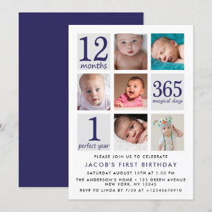 Modern Navy Blue Photo Collage First Birthday Invitation