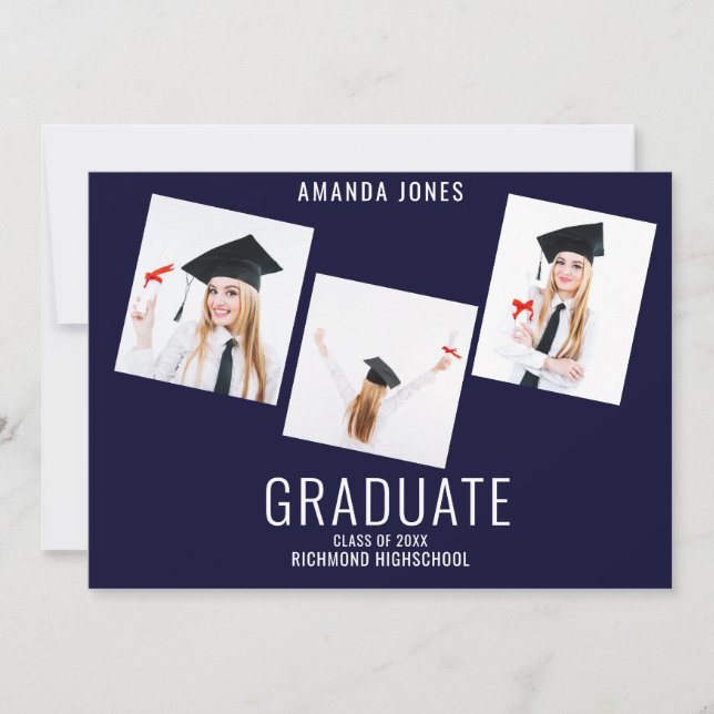 Modern Navy Blue Photo Collage Graduation Announcement (Front)