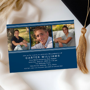 Modern Navy Blue Photo Collage Graduation Party Invitation
