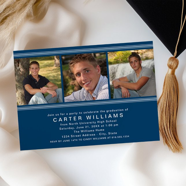 Modern Navy Blue Photo Collage Graduation Party Invitation (Creator Uploaded)