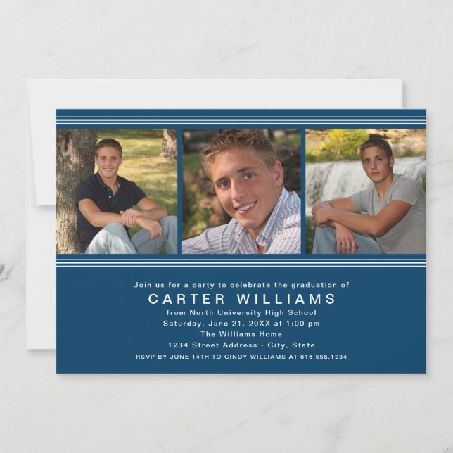 Modern Navy Blue Photo Collage Graduation Party Invitation (Front)