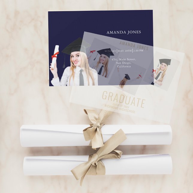 Modern Navy Blue Photo Collage Graduation Vellum Invitations (Creator Uploaded)